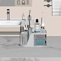 Bathroom Vanity Sink With Marble Countertop And Organizer Holding Toothbrushes Electric Toothbrush And Skincare Bottles