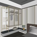 Elegant Modern Wardrobe With Glass Doors Metal Frame And Nightstand In Bedroom