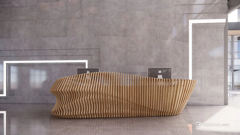 Elegant Modern Wooden Wavy Reception Desk In Contemporary Office Interior 3d model 