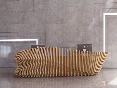 Elegant Modern Wooden Wavy Reception Desk In Contemporary Office Interior 3d model
