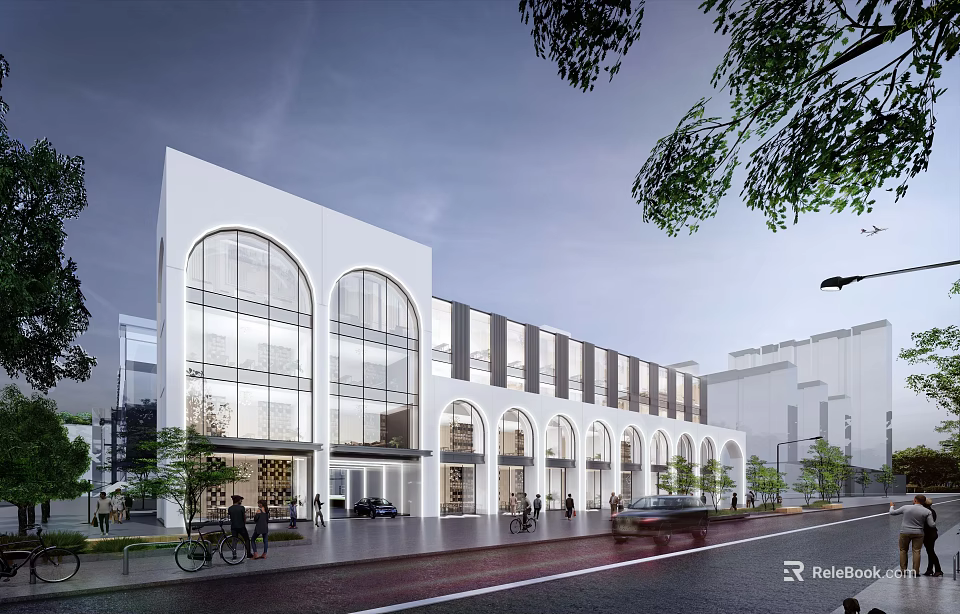 Modern Commercial Street Featuring White Facade Arched Windows Glass Curtain Walls And Trees 3d model 