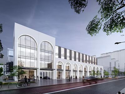 Modern Commercial Street Featuring White Facade Arched Windows Glass Curtain Walls And Trees 3d model