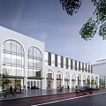 Modern Commercial Street Featuring White Facade Arched Windows Glass Curtain Walls And Trees