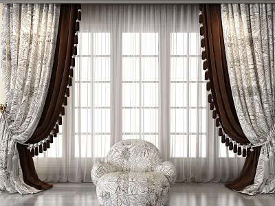 Elegant Brown And White Floral Curtains With Tassels For Large Window Treatment 3d model