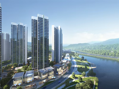 High Rise Modern Residential Buildings With River View Green Landscaping And Distant Mountains 3d model