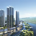 High Rise Modern Residential Buildings With River View Green Landscaping And Distant Mountains
