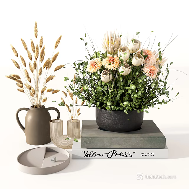 Ceramic Vase With Dried Grass And Black Pot Flower Arrangement On Stacked Books 3d model 