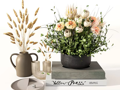 Ceramic Vase With Dried Grass And Black Pot Flower Arrangement On Stacked Books 3d model