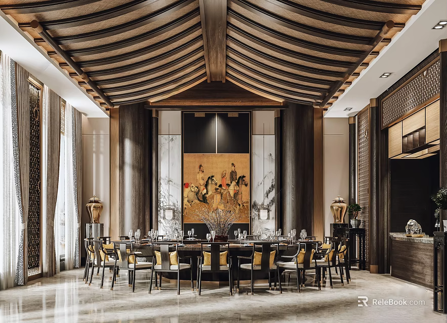 Traditional Chinese Private Dining Room With Round Table Art Decor 3d model