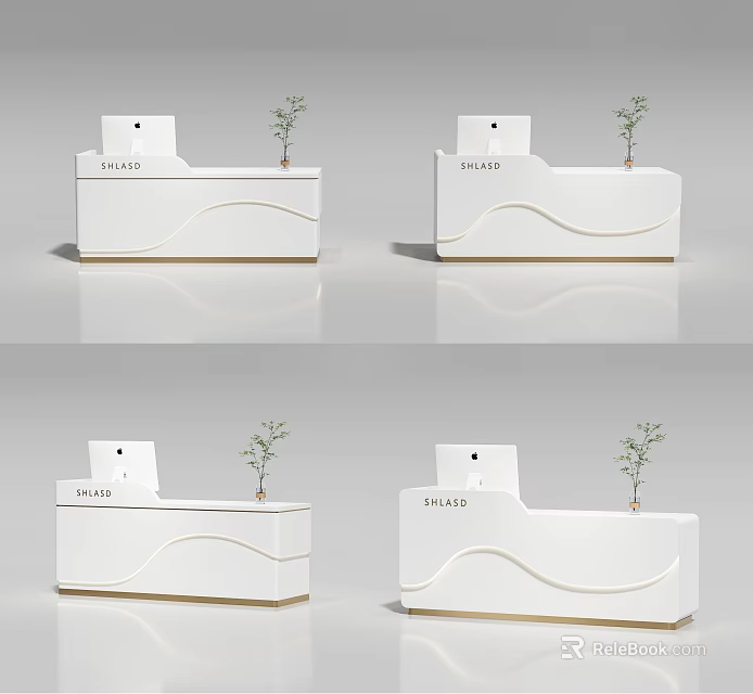 Modern White Reception Desk With Curved Design And Small Plant Decoration 3d model 
