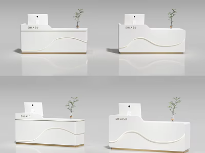 Modern White Reception Desk With Curved Design And Small Plant Decoration 3d model