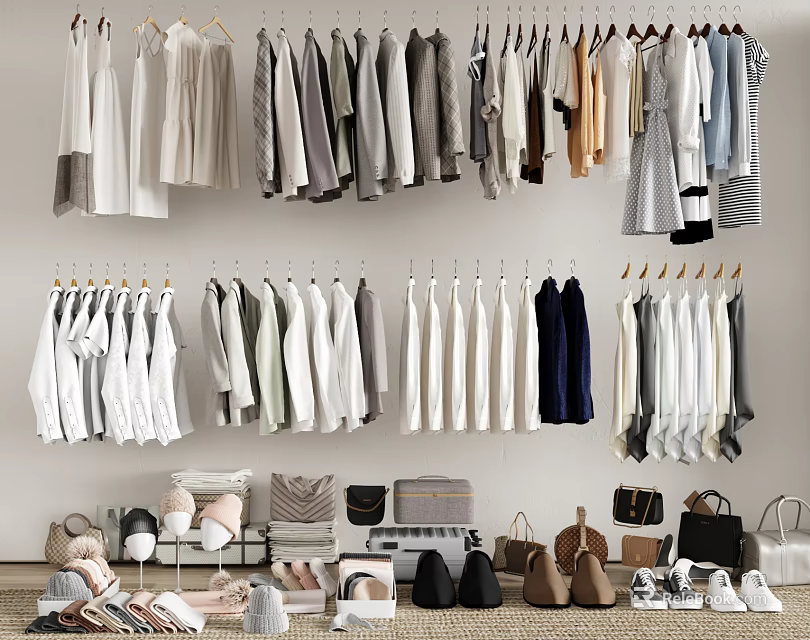 Fashionable Clothing Store Interior With Hanging Clothes Various Styles Shoes And Bags 3d model 