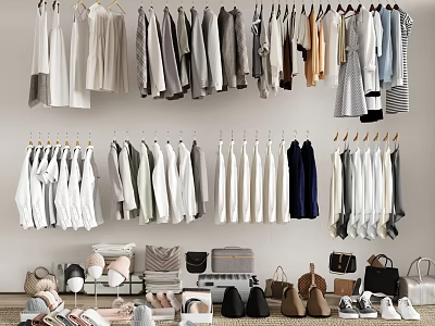 Fashionable Clothing Store Interior With Hanging Clothes Various Styles Shoes And Bags 3d model