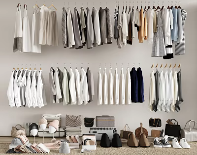 Fashionable Clothing Store Interior With Hanging Clothes Various Styles Shoes And Bags 3d model