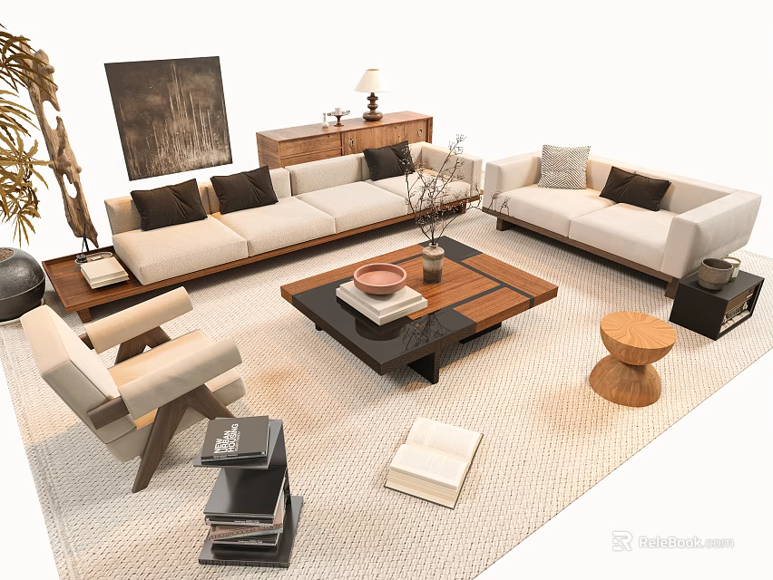Modern Sofa Coffee Table Set With Throw Pillows Side Table And Decorative Rug 3d model