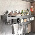 Stainless Steel Wall Mounted Kitchen Rack With Spices Bottles Cooking Utensils And Hooks