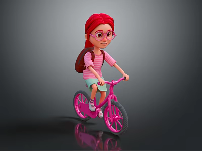 Game Movie Character with Red Hair Glasses Pink Striped Shirt Blue Shorts Riding Pink Bicycle 3d model
