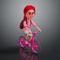 Game Movie Character with Red Hair Glasses Pink Striped Shirt Blue Shorts Riding Pink Bicycle