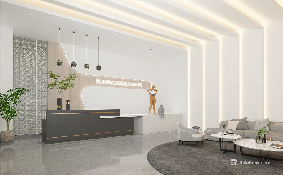 Modern Reception Area With Front Desk Hanging Lights Plant Sofa And Decorative Wall 3d model 