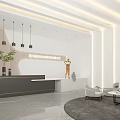 Modern Reception Area With Front Desk Hanging Lights Plant Sofa And Decorative Wall