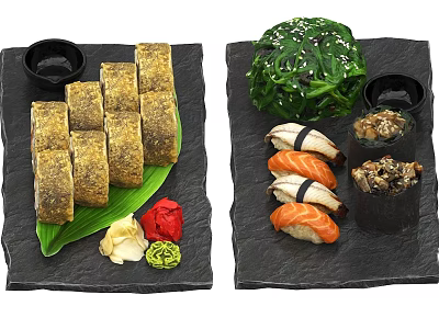 Delicious Assorted Sushi Platter with Crispy Rolls Seaweed Salad Salmon Nigiri and Condiments 3d model