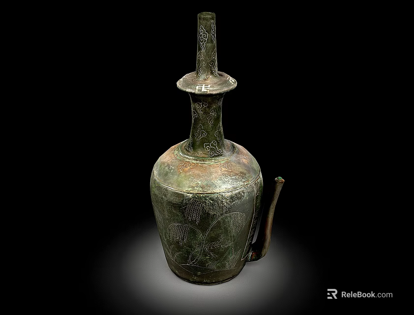 Ancient Ceramic Vessel With Carved Patterns Lid And Curved Spout Design 3d model 