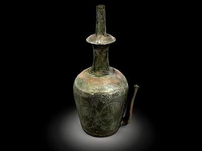 Ancient Ceramic Vessel With Carved Patterns Lid And Curved Spout Design 3d model