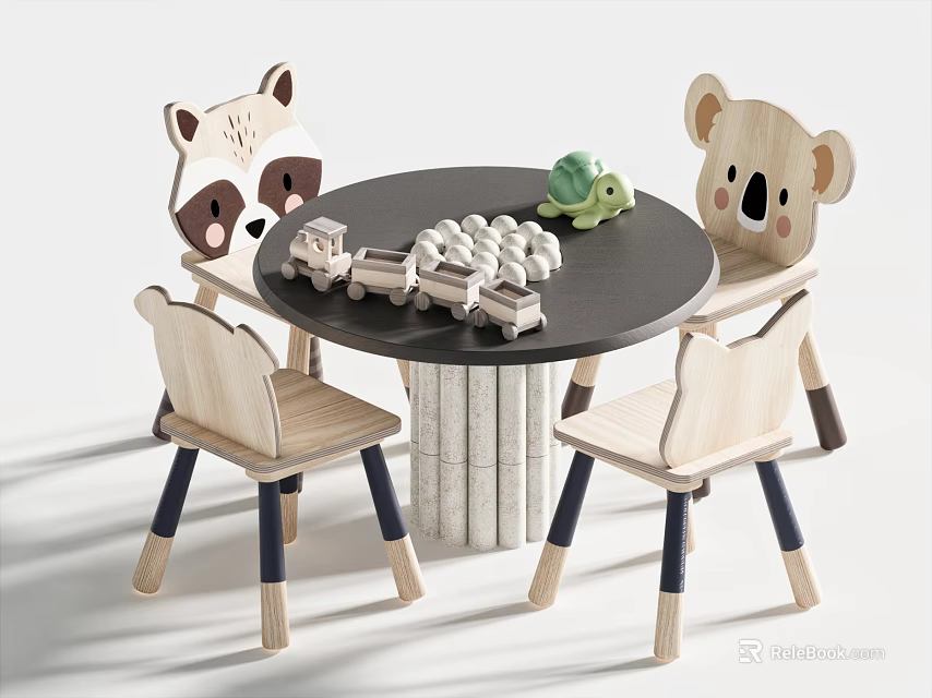 Kids Table with Animal Shaped Wooden Chairs and Toys on Black Tabletop 3d model 