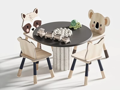 Kids Table with Animal Shaped Wooden Chairs and Toys on Black Tabletop 3d model