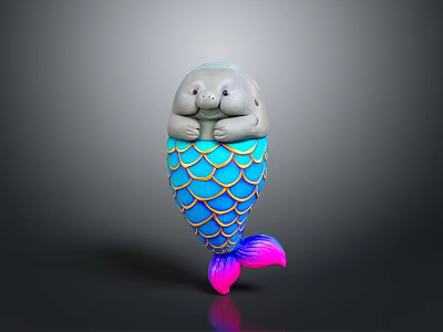 Cute Aquatic Animal Manatee Pair Hugging Blue And Orange Scaled Fish Tail With Pink Tip 3d model