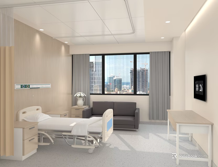 Hospital Ward Interior With Medical Bed Sofa And City View 3d model 