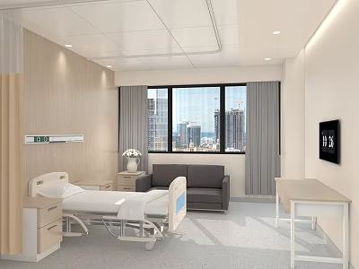 Hospital Ward Interior With Medical Bed Sofa And City View 3d model