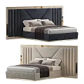 Elegant Modern Double Bed with Diamond Tufted Navy Velvet and Beige Vertical Panel Upholstered Headboard Design