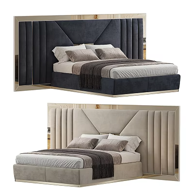Elegant Modern Double Bed with Diamond Tufted Navy Velvet and Beige Vertical Panel Upholstered Headboard Design 3d model