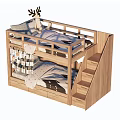 Wooden Kids Bunk Bed With Staircase Storage Drawers And Decorative Elements 3d model