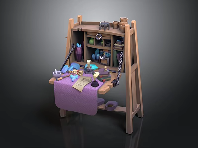 Rustic Wooden Craft Workbench with Shelves Tools and Purple Cloth Supplies 3d model