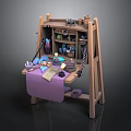 Rustic Wooden Craft Workbench with Shelves Tools and Purple Cloth Supplies
