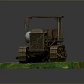 Vintage Tracked Tractor Model On Green Grass Platform With Rusty Metal Structure And Canopy 3d model