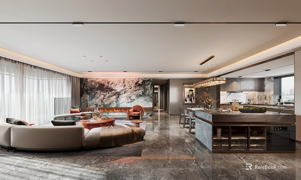 Modern Living and Dining Room Interior With Sofa Dining Table Marble Counter and Pendant Lights 3d model 