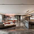 Modern Living and Dining Room Interior With Sofa Dining Table Marble Counter and Pendant Lights