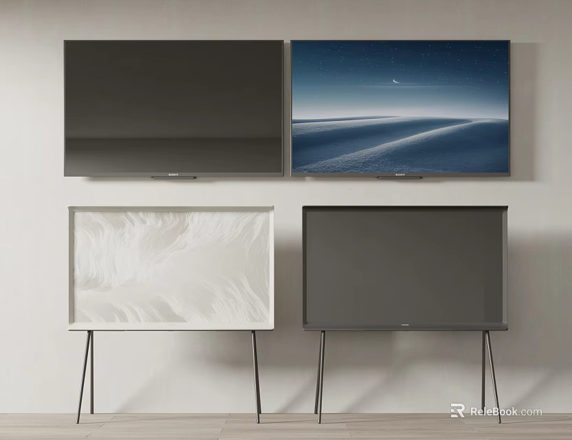 Wall Mounted and Stand Placed TVs with Various Screen Displays in Modern Room Setting 3d model