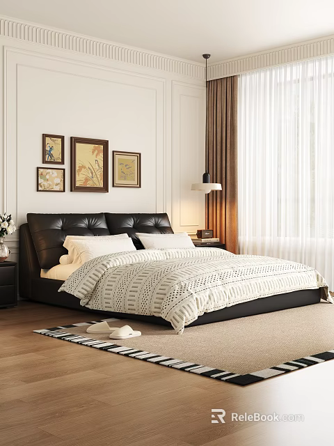 Double Bed with Black Leather Headboard White Gray Striped Quilt Pillows Bedside Table Lamp Curtains 3d model 