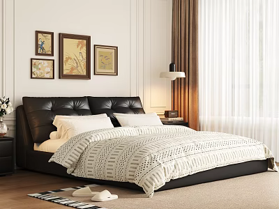 Double Bed with Black Leather Headboard White Gray Striped Quilt Pillows Bedside Table Lamp Curtains 3d model