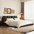 Double Bed with Black Leather Headboard White Gray Striped Quilt Pillows Bedside Table Lamp Curtains