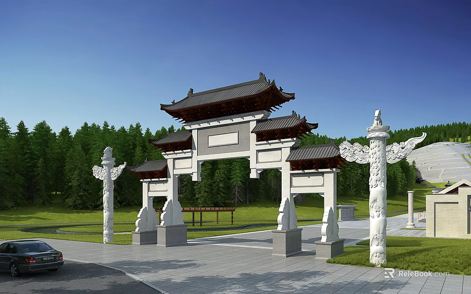 Traditional Chinese Stone Archway With Carved Pillars And Ornate Roofs 3d model 