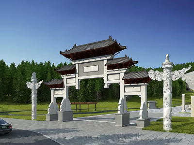 Traditional Chinese Stone Archway With Carved Pillars And Ornate Roofs 3d model