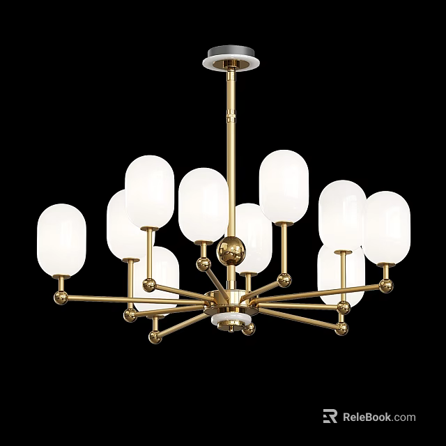 Modern Brass Chandelier With White Glass Shades And Multiple Arms Design 3d model 