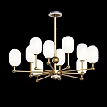 Modern Brass Chandelier With White Glass Shades And Multiple Arms Design