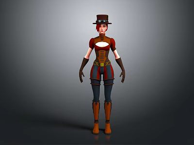 Game Movie Character With Red Hair Brown Hat Red Top Blue Pants And Brown Boots 3d model
