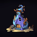 Cartoon Blue Purple House With Spiral Top Wooden Structures And Sandy Base